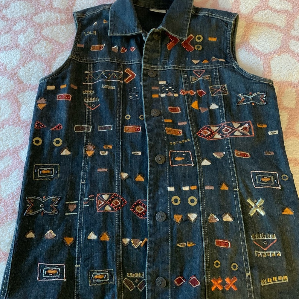CHICO'S Vest Women's Size 1 Blue Jean Button Embroidery Beaded Sequin EUC
